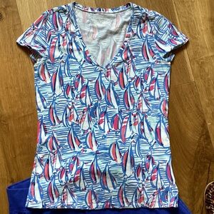 Lilly Pulitzer Michelle V-Neck Top Blue Pink Sailboat Print